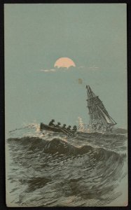 Ship at sea, under full sail, with five men in a rowboat under a partially obscured full moon LCCN2015651614