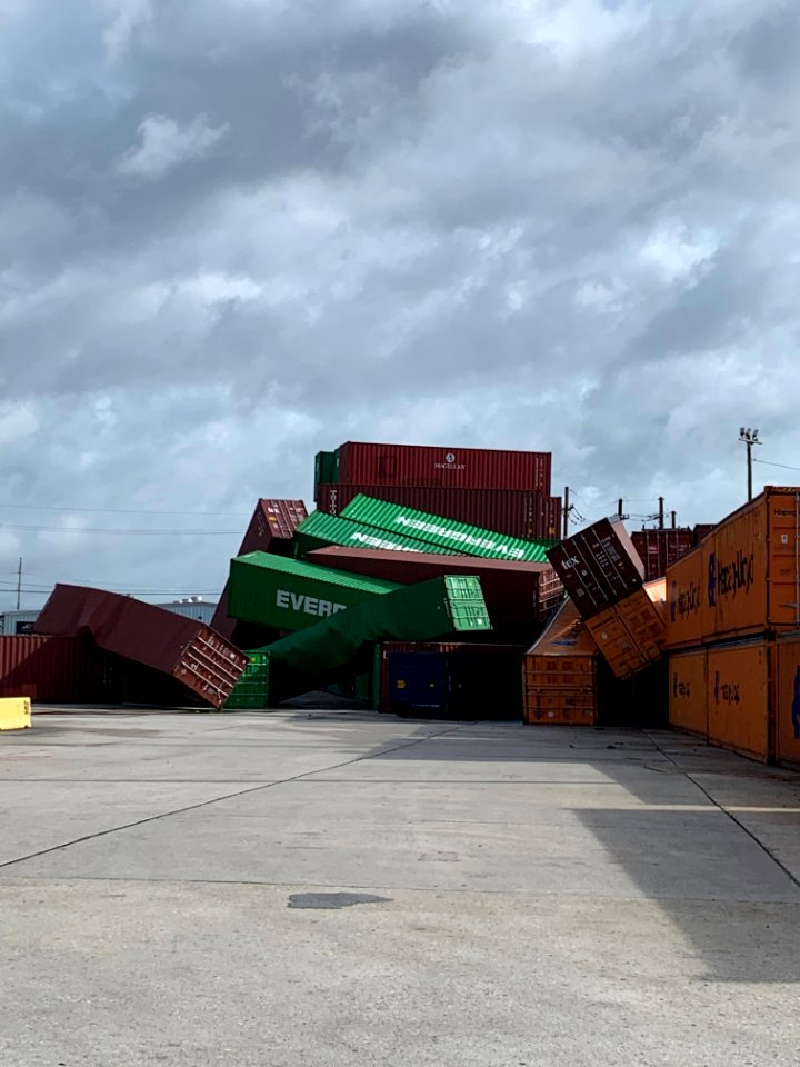Shipping containers strewn by Hurricane Ida at New Orleans Terminal, 30 August 2021