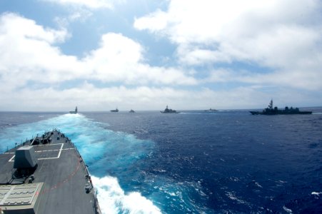 Ships from the Indian Navy, Japanese Maritime Self-Defense Force (JMSDF) and U.S. Navy sail together during a group sail signifying the end of Malabar 2016