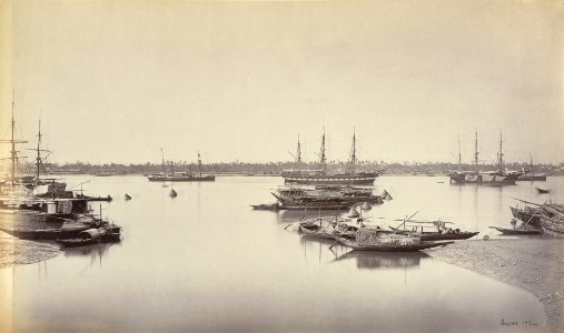 Shipping from Hastings Bridge (Calcutta), ship 'Bombay' & S.S. 'Mauritius' by Samuel Bourne 1865