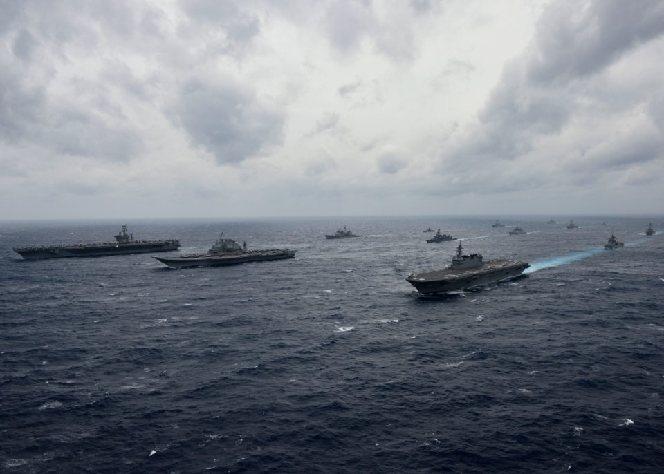 Ships from the Indian Navy, Japan Maritime Self-Defense Force and the U.S. Navy sail in formation in the Bay of Bengal during exercise Malabar 2017