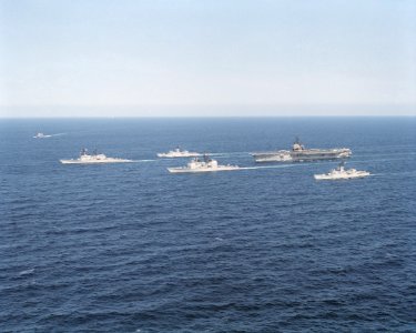 Ships of the USS Forrestal (CV-59) battle group underway during voyage for Fleet Week New York 1989 DN-SC-89-09243
