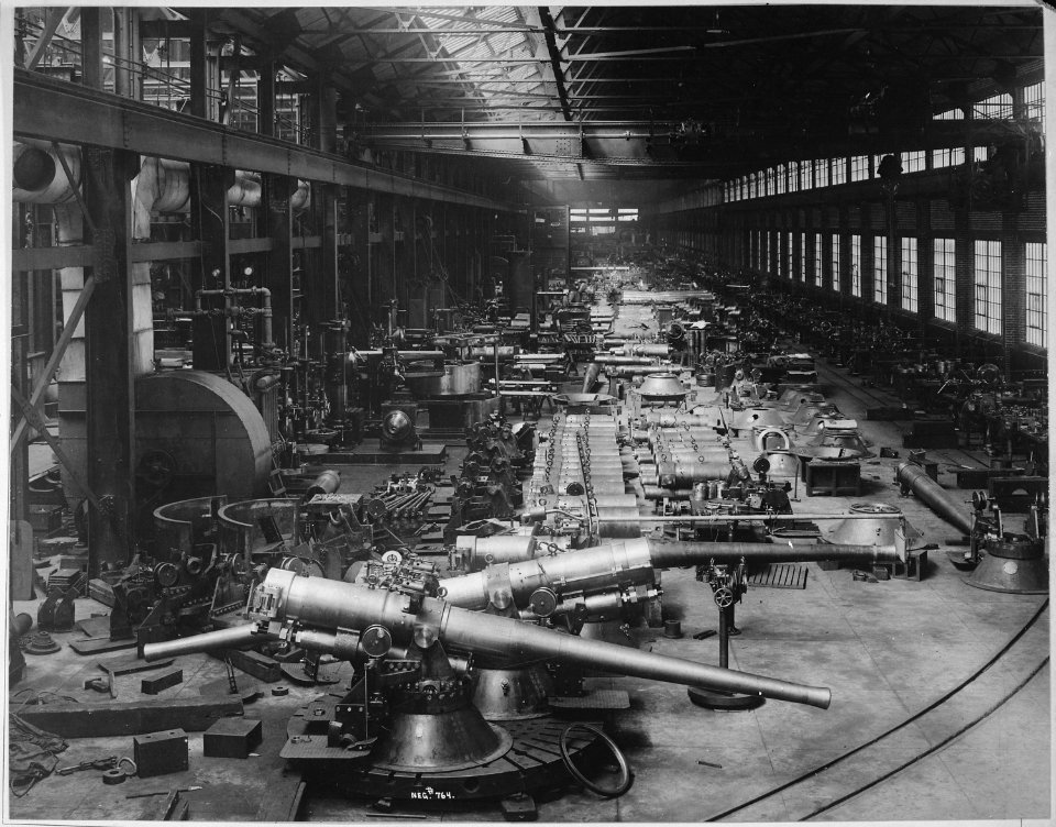 Shop Number 2 annex. 6 inch guns with their mounts in foreground, immediately in the rear, slides or cradles for 10 inch - NARA - 533708