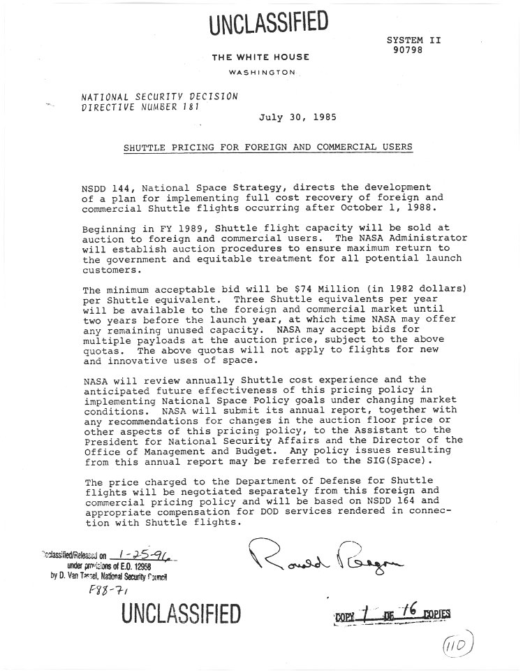 Shuttle Pricing for Foreign and Commercial Users - NARA - 198301