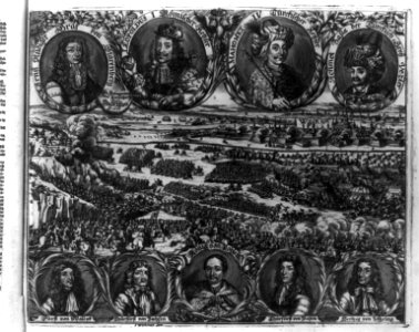Siege and relief of Vienna in 1683, with portraits of Ernst Rudiger von Starhemberg, Emperor Leopold I, Sultan Mehmed IV, Kara Mustafa, Count of Waldeck, Elector of Saxony, John III LCCN2002713351