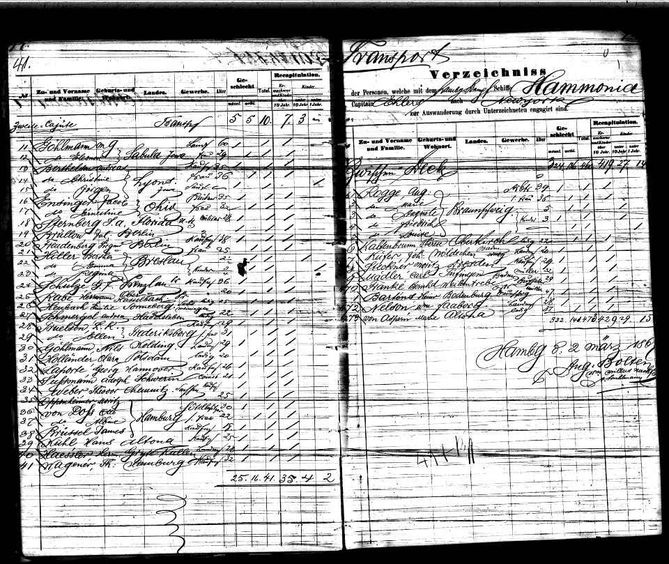 Siegmund Freudenberg (1828-1908) of Berlin migrating from from Hamburg, Germany to the United States on March 16, 1867 aboard the SS Hammonia