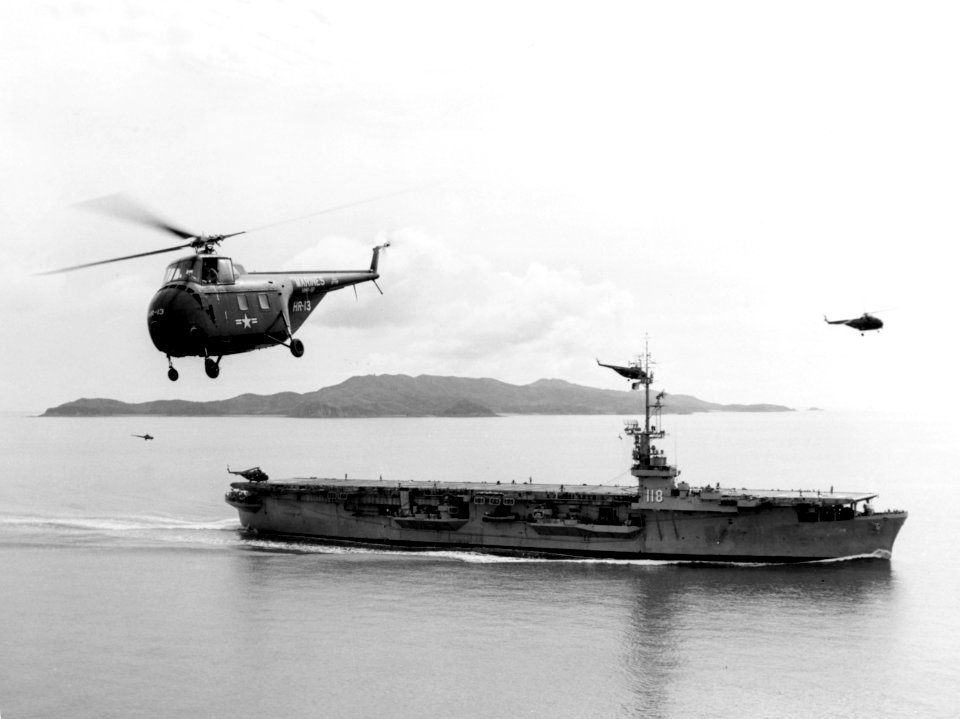 Sikorsky HRS-1 of HMR-161 in flight over USS Sicily (CVE-118) off Inchon on 1 September 1952 (80-G-477573)