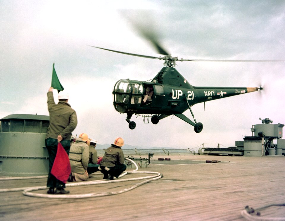 Sikorsky HO3S-1 of HU-1 takes off from USS New Jersey (BB-62) off Korea on 14 April 1953 (80-G-K-16320)