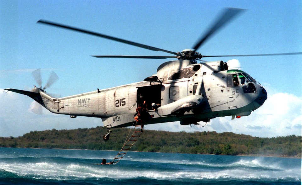Sikorsky UH-3H Sea King of VC-8 hovers off Naval Station Roosevelt Roads on 17 March 1997 (970317-N-8977R-006)