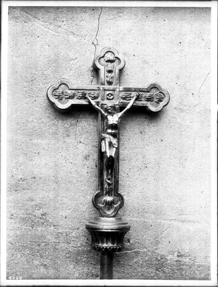 Silver processional crucifix at Mission San Carlos, Monterey, ca.1900 (CHS-4090)