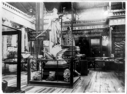 Silver statue of Justice in exhibit hall, Montana exhibit, World's Columbian Exposition, Chicago, Ill. LCCN89712765