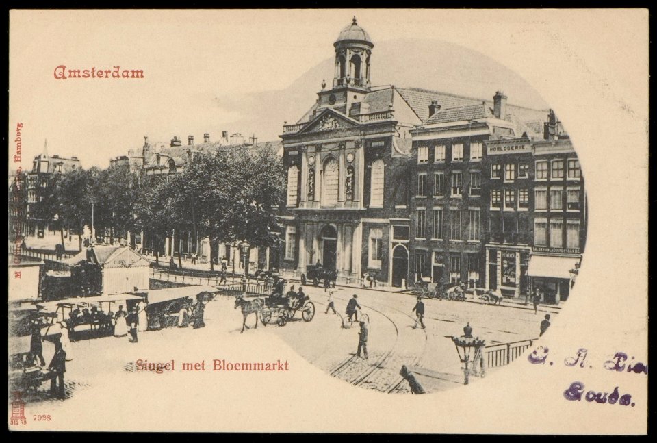 Singel 413-429 tussen de Heiligeweg en het Spui met de voormalig Bloemmarkt op de brug over het Singel bij het Koningsplein, Afb PBKD00363000004