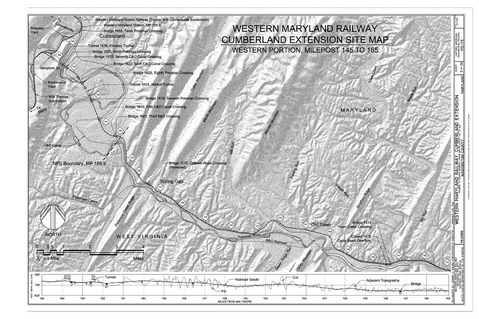 Site Map, Western Portion, Milepost 145 to 165 - Western Maryland Railway, Cumberland Extension, Pearre to North Branch, from WM milepost 125 to 160, Pearre, Washington County, MD