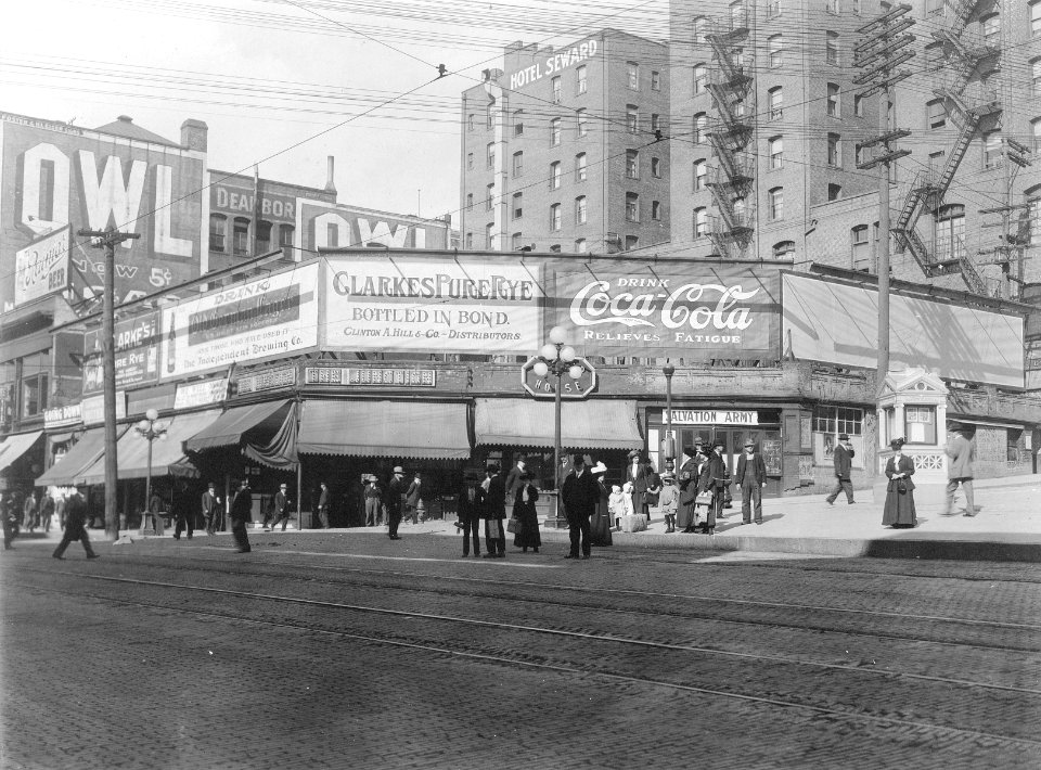 Site of the L C Smith Tower, Yesler Way and 2nd Ave, northeast corner, Seattle, ca 1905 (WARNER 635)