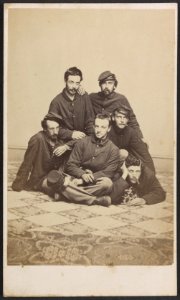 Six unidentified soldiers in Union uniforms with cigars and pipe) - M. P. Simons, photographer, no. 1320 Chestnut St., Philadelphia LCCN2013645640