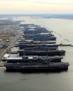 Six amphibious ships and five carriers moored in Norfolk. (8293467889)