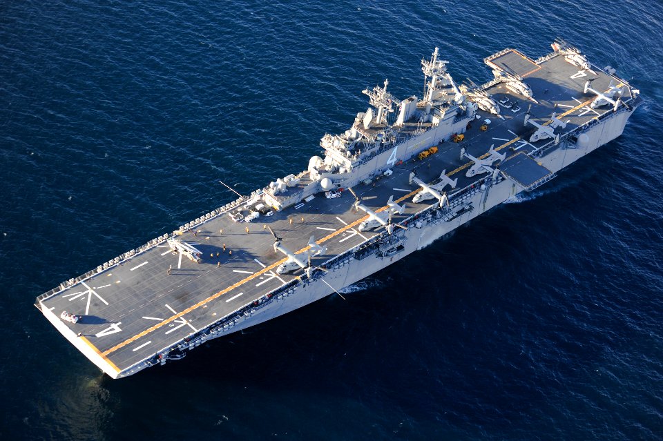 Six MV-22 Ospreys aboard USS Boxer. (8489343426)