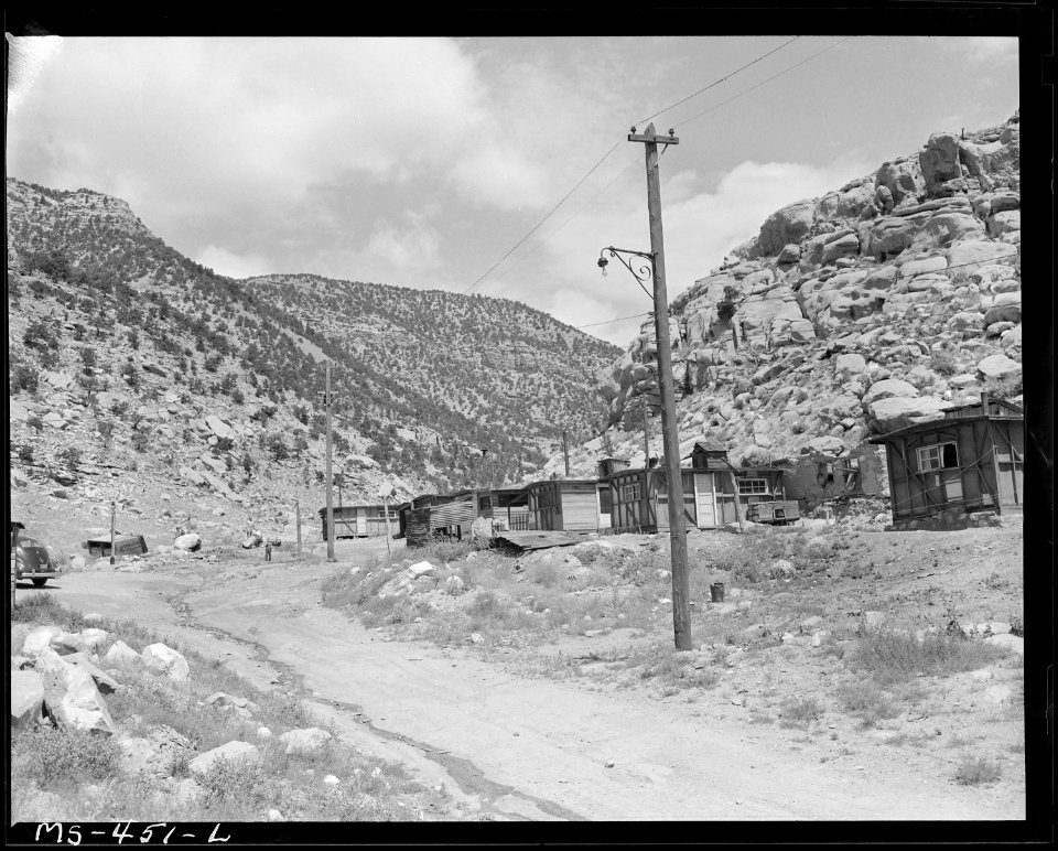 Slaughter House Canyon where houses are rented to miners for $6.50 per month. Utah Fuel Company, Sunnyside Mine... - NARA - 540420