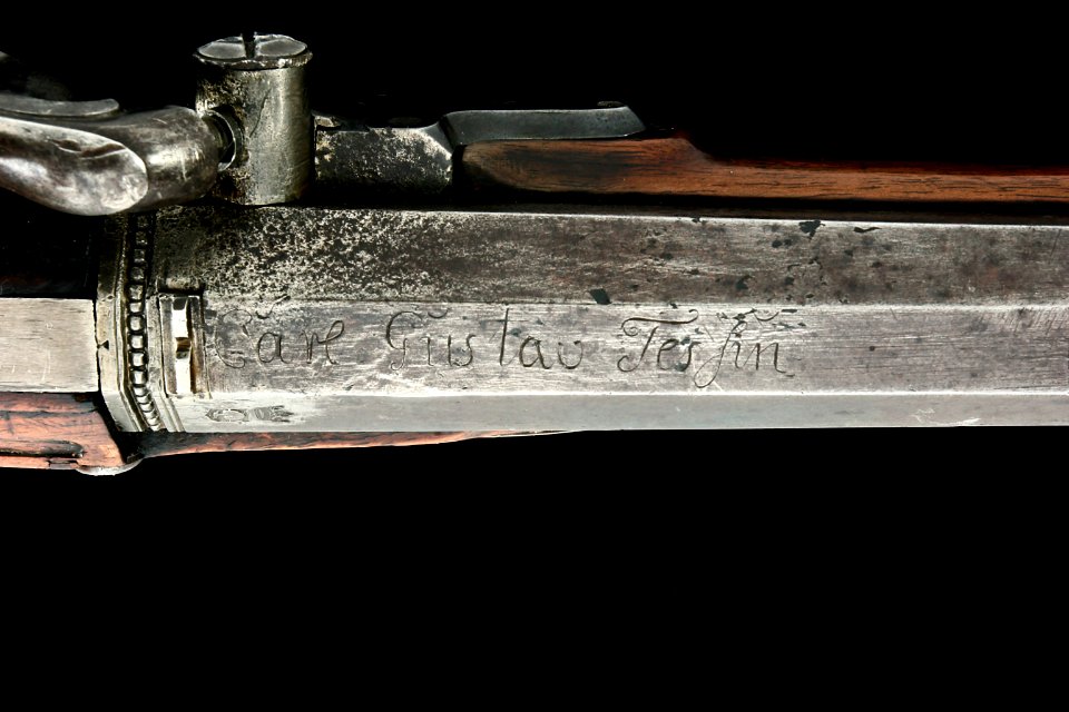 Slagexflintlåsstudsare, detalj av inskription - Livrustkammaren - 39643
