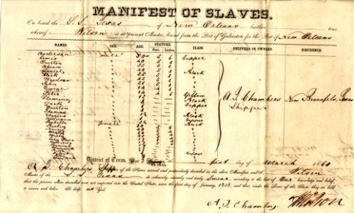 Slave Manifest of the S.S. Texas from La Salle to New Orleans Arrived March 5, 1860 (Front)