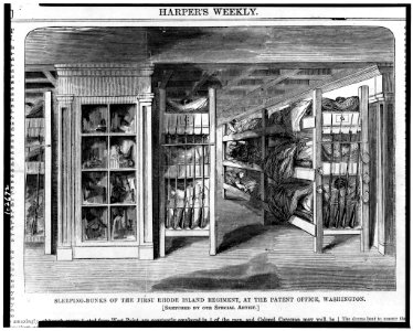 Sleeping-bunks of the First Rhode Island Regiment, at the Patent Office, Washington - Sketched by our special artist. LCCN91725867