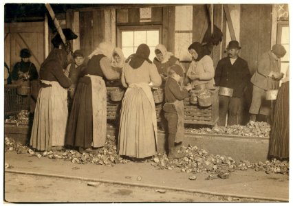 Small boy on the floor is Johnnie Schraker, 8 years old, earns 45 cents a day, been at it three years. Note how they stand on the rough, sharp shells. Alabama Canning Co.,. LOC nclc.00831