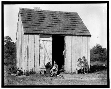 Small shack on Forsythe's Bog, occupied by De Marco family, 10 in the family living in this one room. Room is 10 ft. x 11 ft. x 5 1-2 ft. high and gable attic above. (See family picking LOC nclc.05307