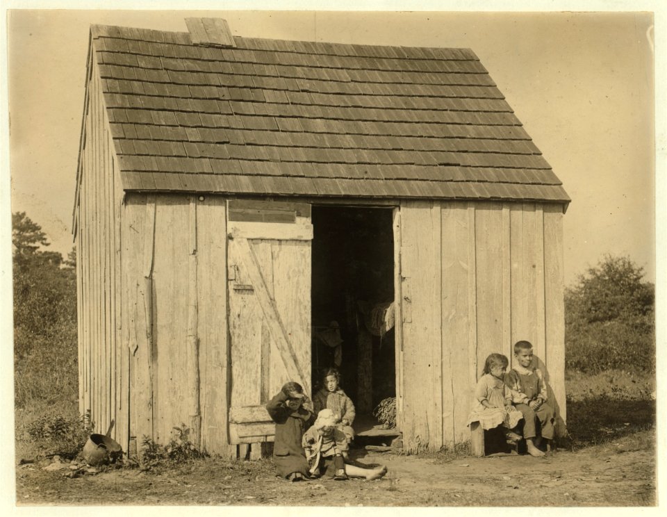Small shack on Forsythe's Bog, occupied by De Marco family, 10 in the family living in this one room. Room is 10 ft. x 11 ft. x 5 1-2 ft. high and gable attic above. (See family picking LOC nclc.05307