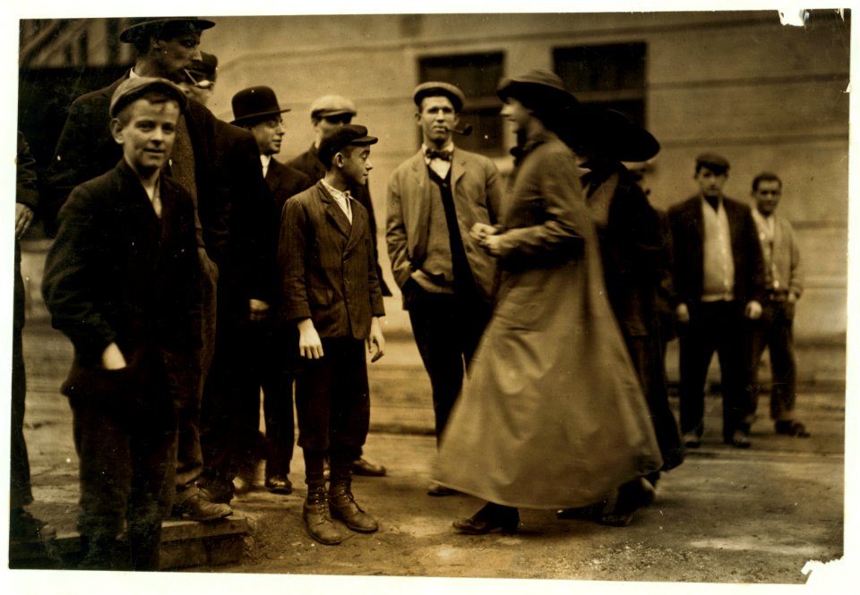Smallest boy in group is Duke Gray, 66 Coburn Street, doffs in No. 1 spinning room and has been there one month. Seems 13 years old. LOC cph.3b43671