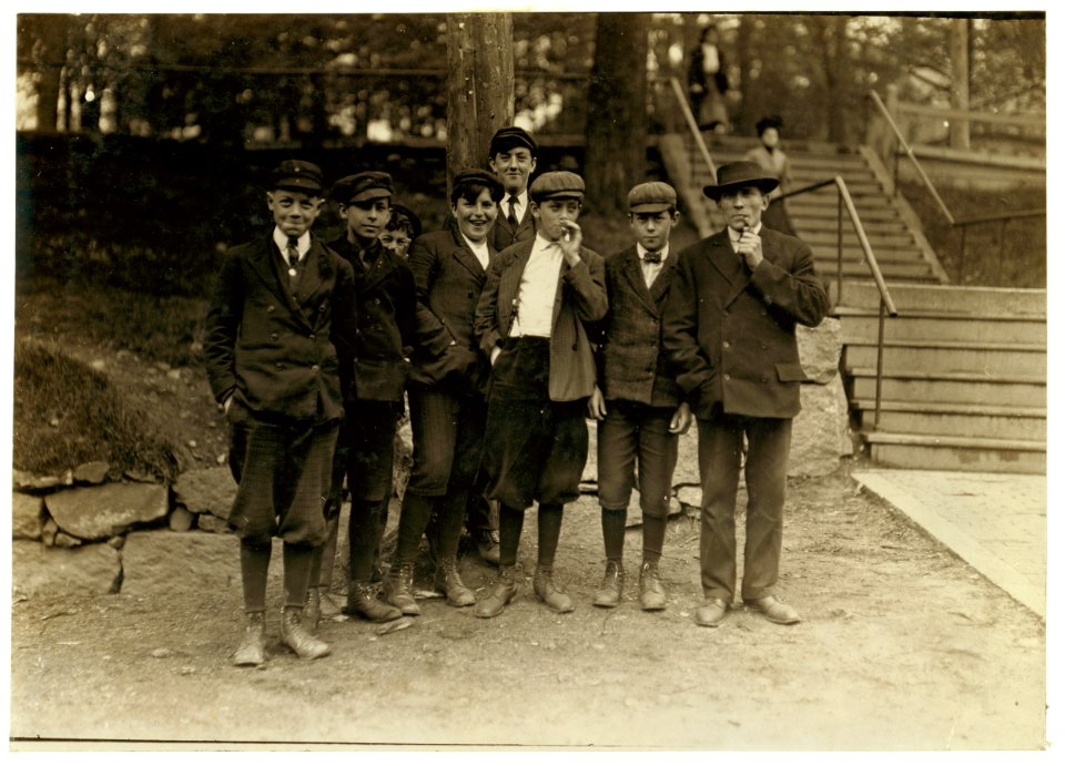 Smallest boy does not work in the mill. The rest do. Great Falls Mfg. Co., Somersworth, N.H. Boy next in size to that one is James Carrigan, 24 Highland St. The other small boy is Fred LOC nclc.01767