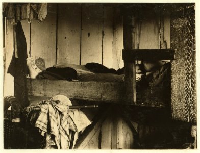 Small shack on Forsythe's Bog, occupied by De Marco family, 10 in the family living in this one room. Room is 10 ft. x 11 ft. X 5 1-2 ft. high and gable attic above. (See family picking LOC nclc.05309
