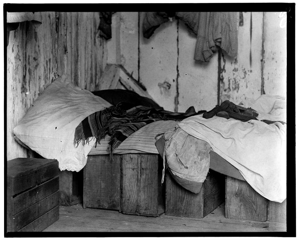Small shack on Forsythe's Bog, occupied by De Marco family, 10 in the family living in this room. Room is 10 ft. x 11ft. X 5 1-2 ft. high and gable attic above. (See family picking LOC nclc.05308