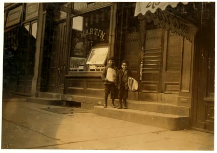 Smallest boy is Mike Ferinco. 75 Monroe St., 10 yrs. old. Sells until 8-30 P.M., Newark, N.J. Other is Duar Feriari, 60 Monroe St. Sells until after 9 P.M. LOC nclc.03355