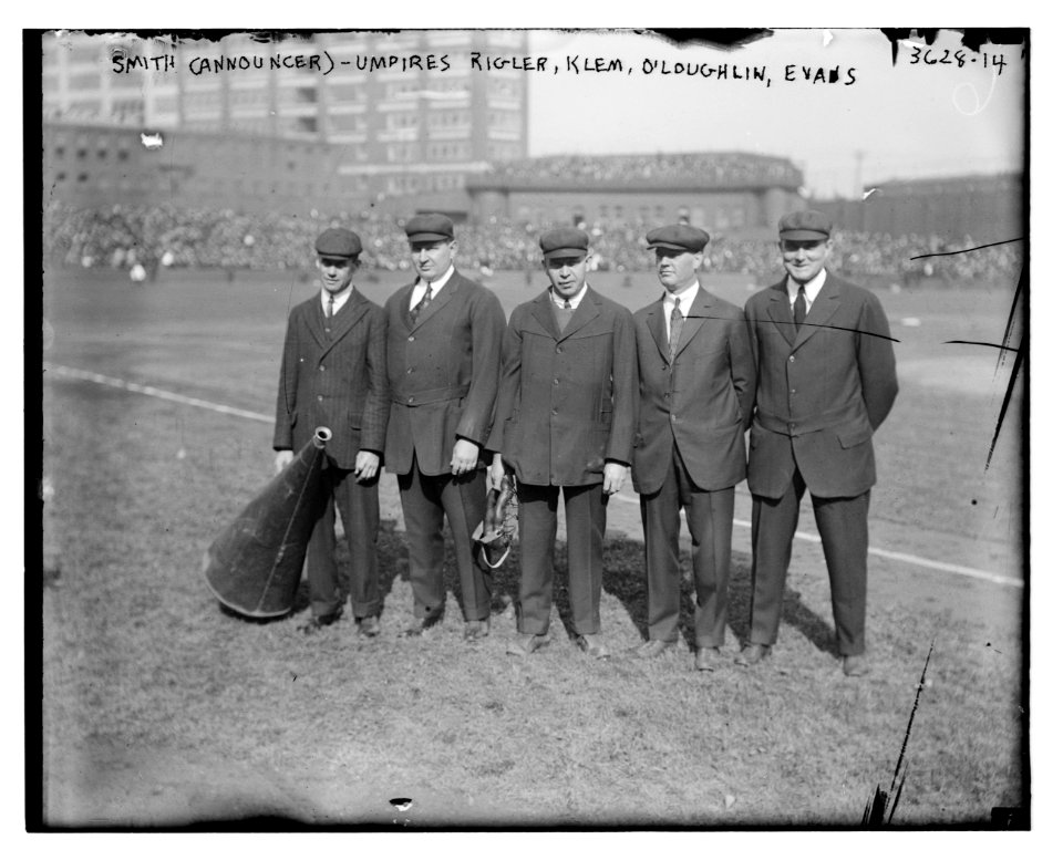 Smith (announcer) & Umpires Charles Cy Rigler, Bill Klem, Francis Silk O'Laughlin, Billy Evans, 1915 World Series (baseball) LCCN2014700031