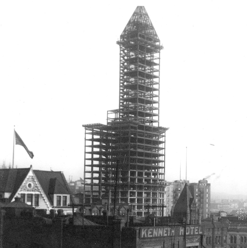 Smith Tower under construction, from the Post St power house, Feb 23, 1913 (Curtis & Miller photo) photo