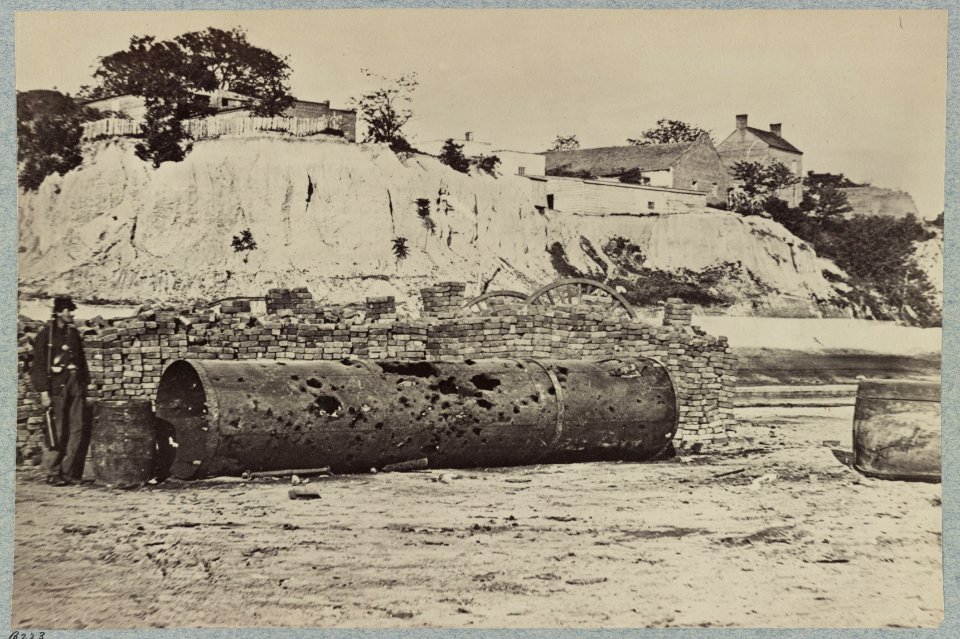 Smoke-stack of Confederate iron-clad Virginia on wharf at Richmond, Va., showing effect of shot in attack on Federal batteries on James River LCCN2013647367