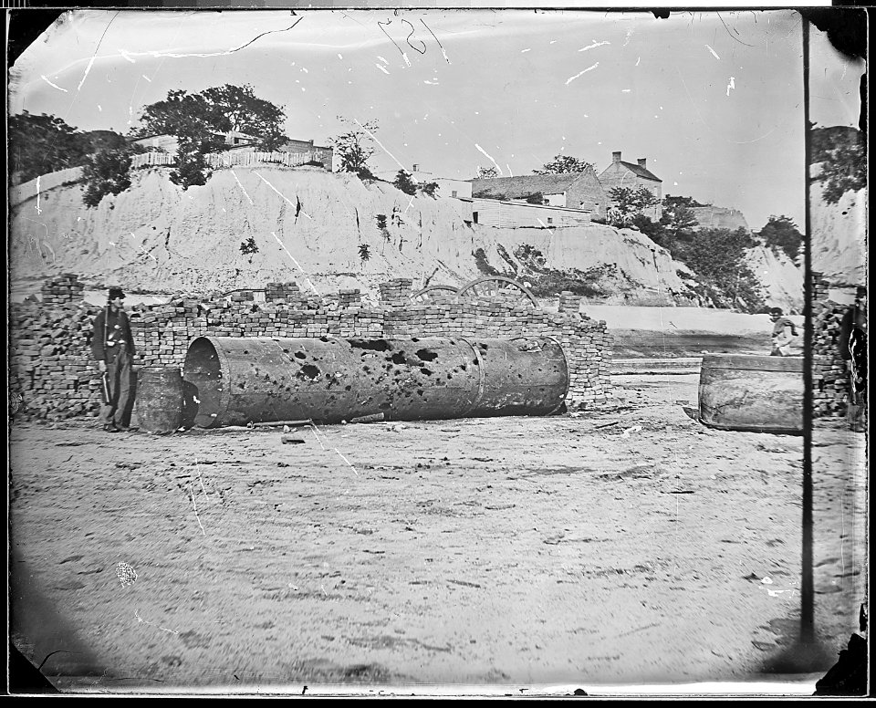Smoke-stack of Confederate Ram Albermarle perforated by shell. - NARA - 524606