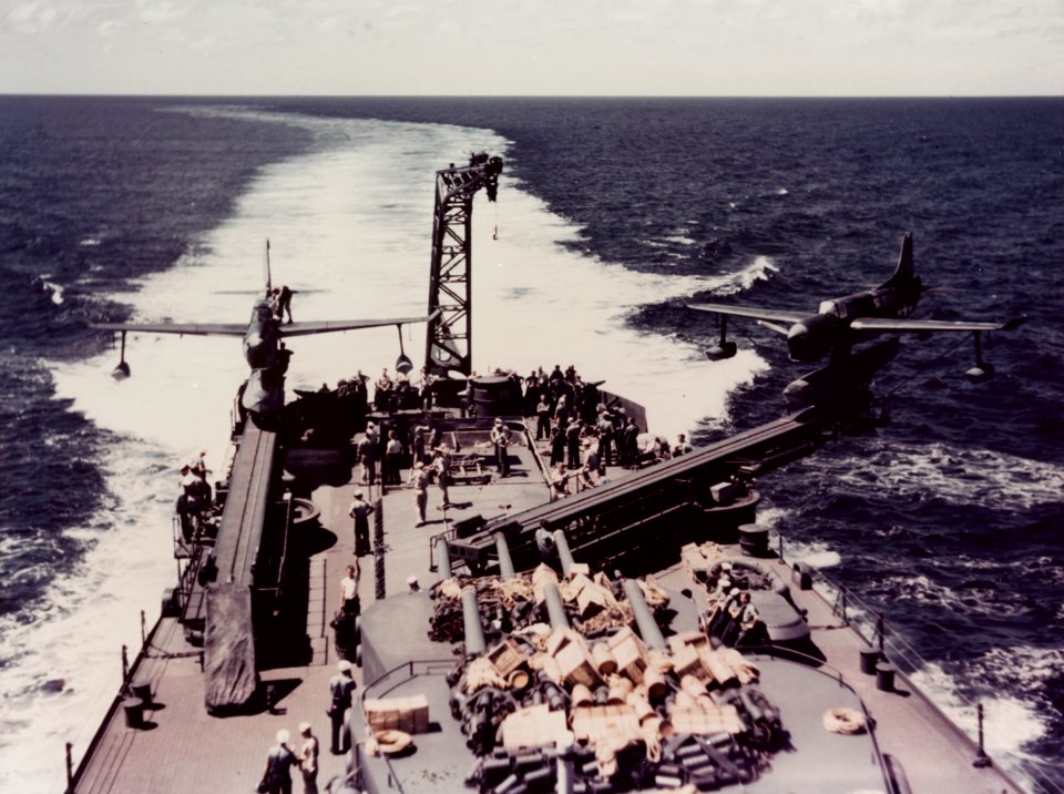 SO3C Seamews on catapults of USS Biloxi (CL-80) in 1943