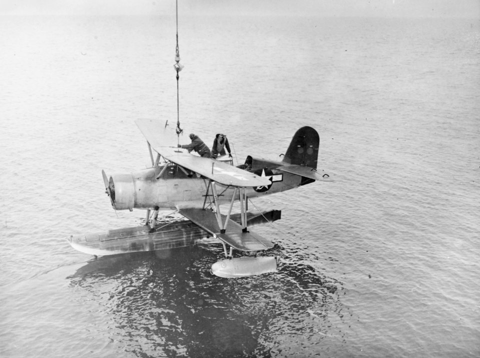 SOC-1 is hoisted aboard USS Currituck (AV-7) in Antarctica in 1947 photo