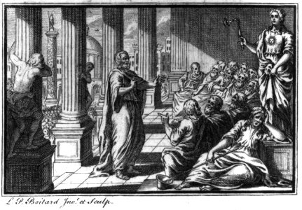 Socrates) standing before seated group in temple portico; large crowd behind him LCCN2002737398