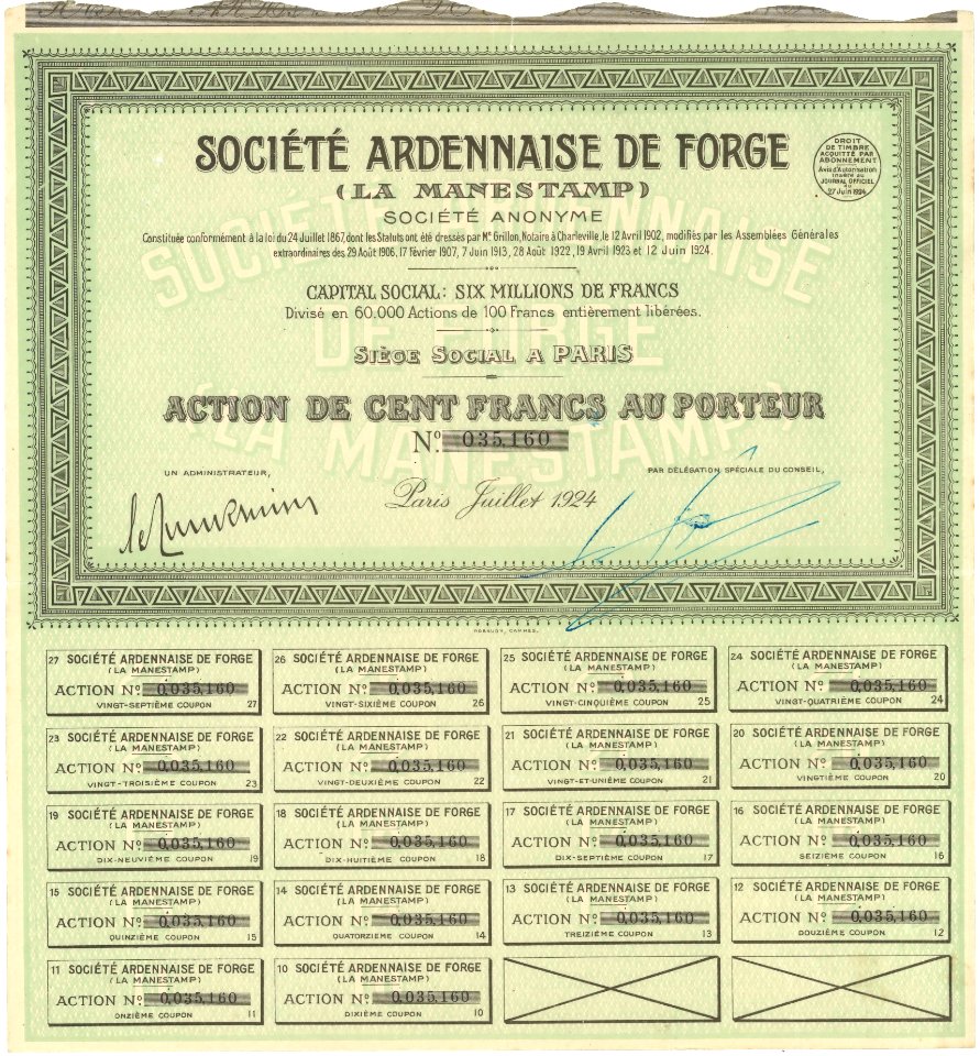 Société Ardennaise de Forge Le Manestamp — Action de 100 Francs au Porteur