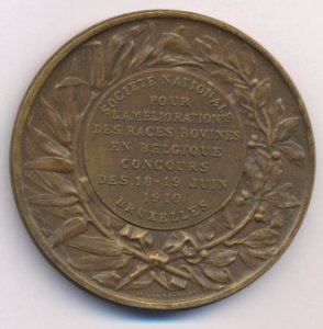 Société Nationale pour l'Amélioration des Races Bovines en Belgique Concours 1910, medal by Jacques Marin (1877-1950), Belgium, 1910, Coins and Medals Department of the Royal Library of Belgium, 2M204 - 25 (verso)