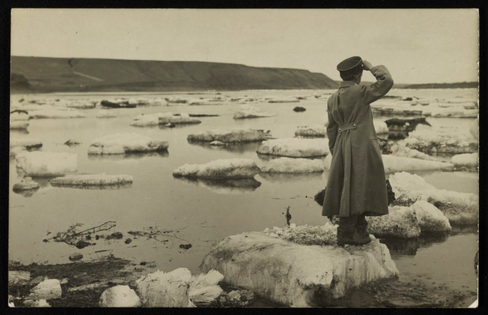 Soldier saluting on iceberg, Enisei River, Siberia LCCN2012648277
