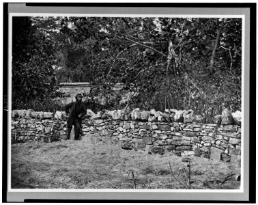 Soldier standing at graves of Federal soldiers, along stone fence, at Burnside Bridge, Antietam, Maryland LCCN96509279