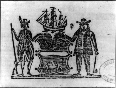 Soldier with musket and farmer with hoe holding crest topped with sailing ship LCCN2005693342