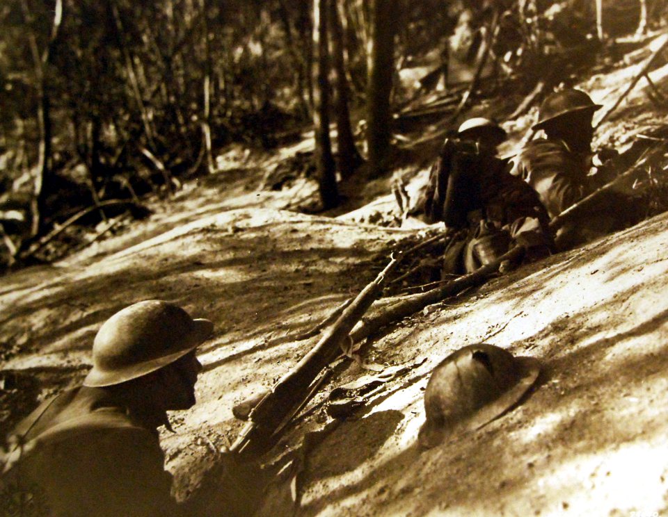 Soldiers advancing a yard at a time, Exermont, France, WWI (28570042151)