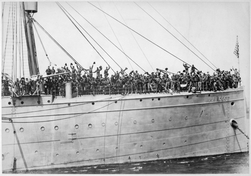 Soldiers aboard U.S. Transport Hancock about to sail for France. International Film Service. - NARA - 533684
