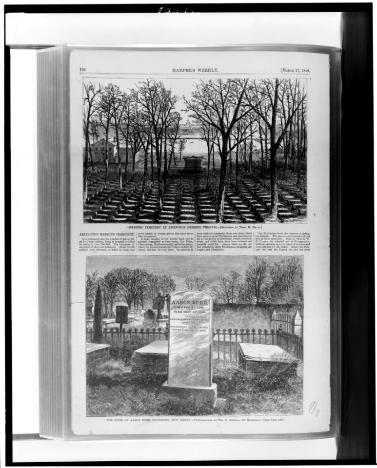 Soldiers' Cemetery at Arlington Heights, Virginia - - sketched by Theo. R. Davis. The Tomb of Aaron Burr, Princeton, New Jersey - photographed by Wm. R. Powell, 867 Broadway LCCN90710472
