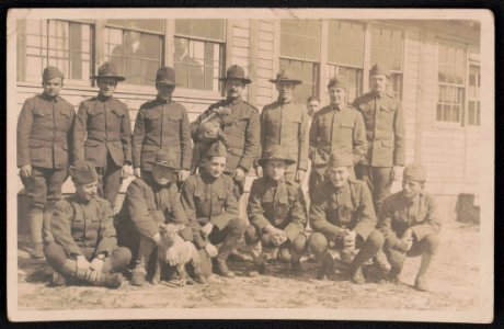 Soldiers of 308th Infantry Regiment in uniform with lambs at Camp Upton, New York LCCN2018645976
