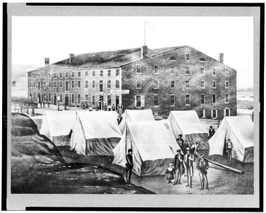 Soldiers, other people, and tents of Confederates outside of Libby Prison, Richmond, Virginia LCCN94505708